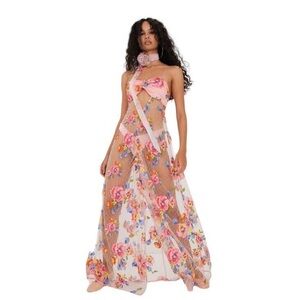 For Love & Lemons Delaney Peony Embroidered
Sheer Lace Maxi Dress